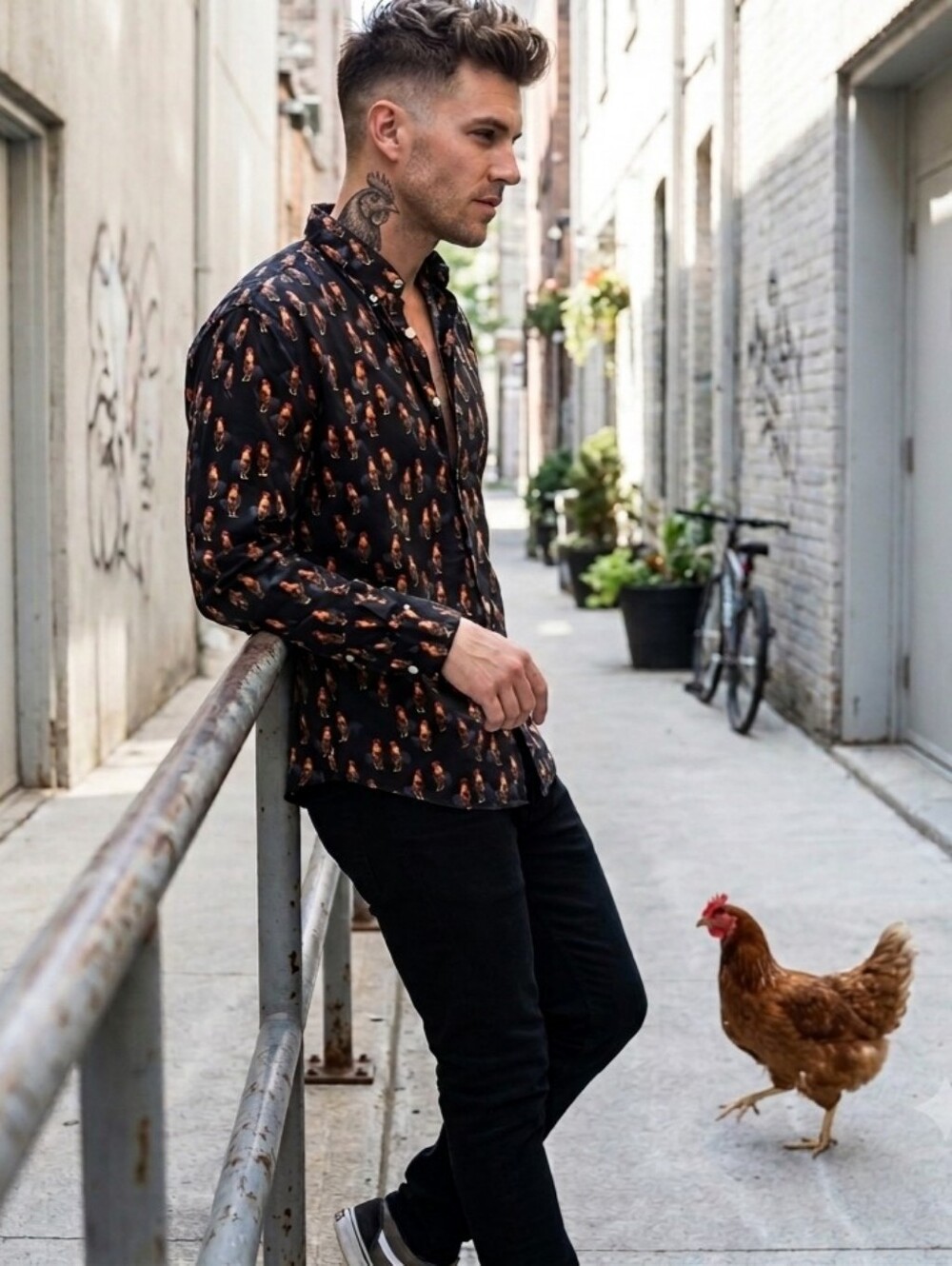 1970's🐓CHICKEN🐓Kennsington Ltd Californa ROOSTER PATTERN Button Down Sz L